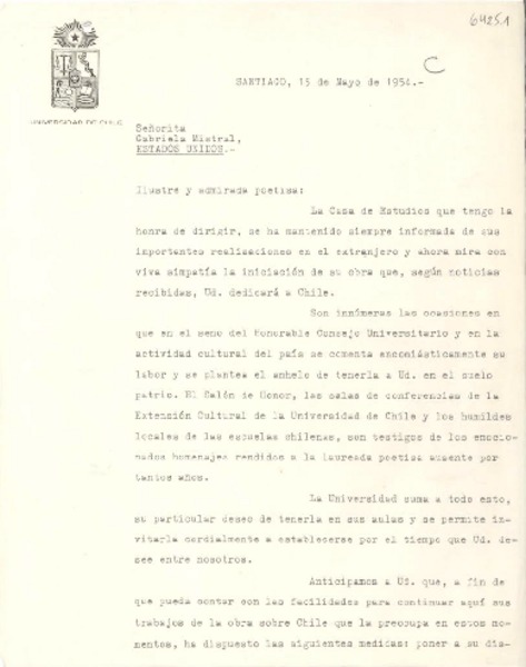 [Carta] 1954 mayo 15, Santiago, [Chile] [a] Gabriela Mistral, Estados Unidos