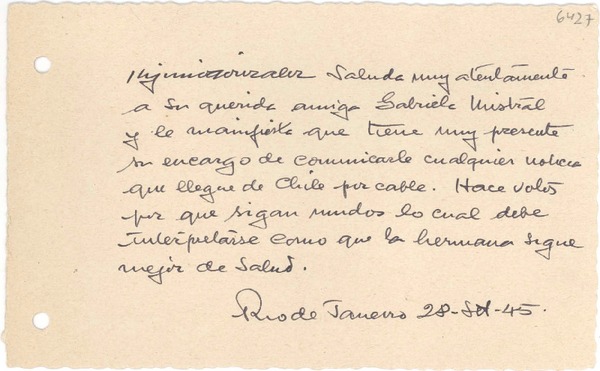 [Tarjeta] 1945 sept. 28, Rio de Janeiro, [Brasil] [a] Gabriela Mistral