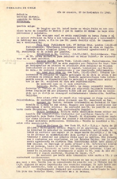 [Carta] 1945 nov. 27, Rio de Janeiro, [Brasil] [a] Gabriela Mistral, Stockolm, [Suecia]