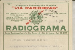 [Telegrama] 1954 Nov. 3, Stockholm, [Suecia] [a] Gabriella [i.e. Gabriela] Mistral, Legation de Chile, Rio, [Brasil]