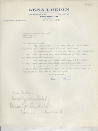[Carta] 1945 Dec. 13, Stockholm, Sweden [a] Madame Gabriele [i.e. Gabriela] Mistral, Grand Hotel, Stockholm, [Sweden]