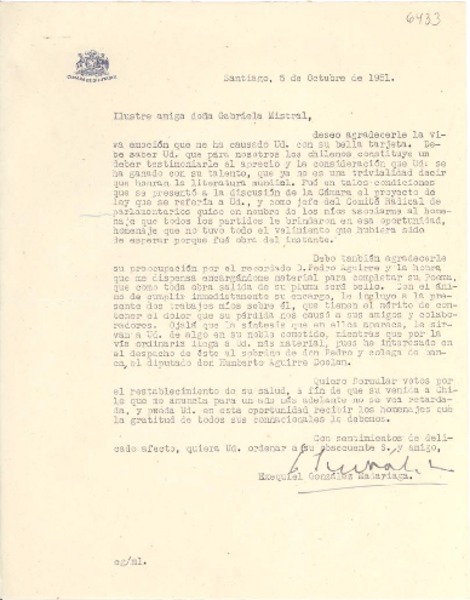 [Carta] 1951 oct. 5, Santiago, [Chile] [a] Gabriela Mistral