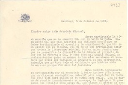 [Carta] 1951 oct. 5, Santiago, [Chile] [a] Gabriela Mistral