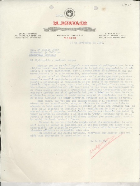 [Carta] 1945 nov. 24, Madrid, España [a] Sra. Da. Lucila Godoy, Consulado de Chile en Petrópolis, (Brasil)