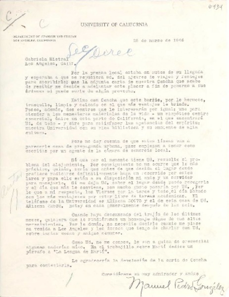 [Carta] 1946 mar. 28, Los Angeles, California [a] Gabriela Mistral, Los Angeles, Calif[ornia]