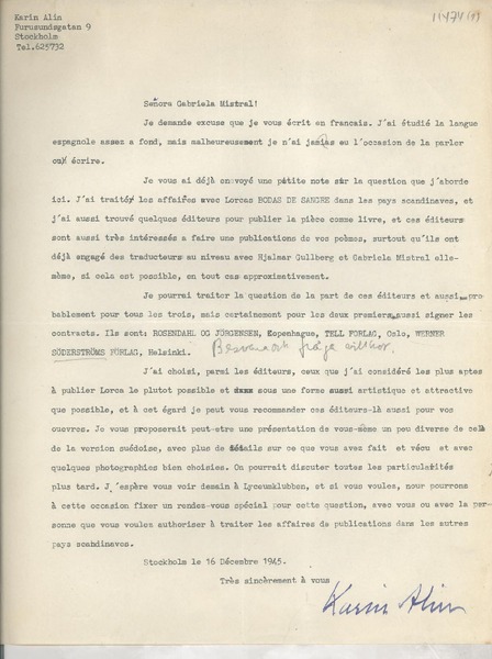 [Carta] 1945 déc. 16, Stockholm, [Sweden] [a la] Señora Gabriela Mistral