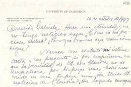 [Carta] 1947 oct. 10, Los Ángeles, California [a] Gabriela Mistral