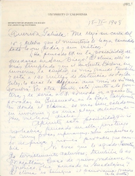 [Carta] 1948 feb. 18, Los Ángeles, California [a] Gabriela Mistral