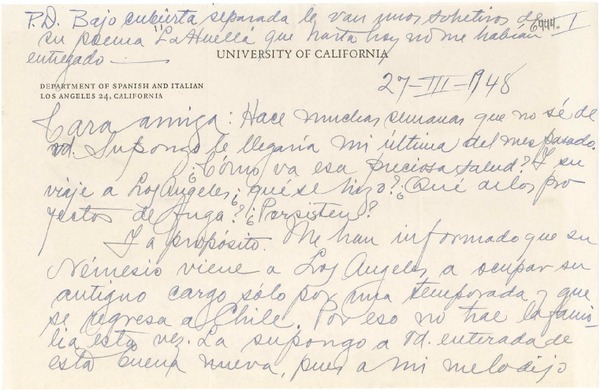 [Carta] 1948 mar. 27, Los Ángeles, California [a] Gabriela Mistral