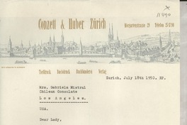 [Carta] 1950 July 18, Zürich, [Switzerland] [a] Mrs. Gabriela Mistral, Chilean Consulate, Los Angeles, EE.UU.