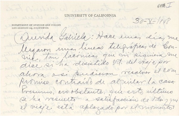[Carta] 1948 mayo 30, Los Ángeles, California [a] Gabriela Mistral