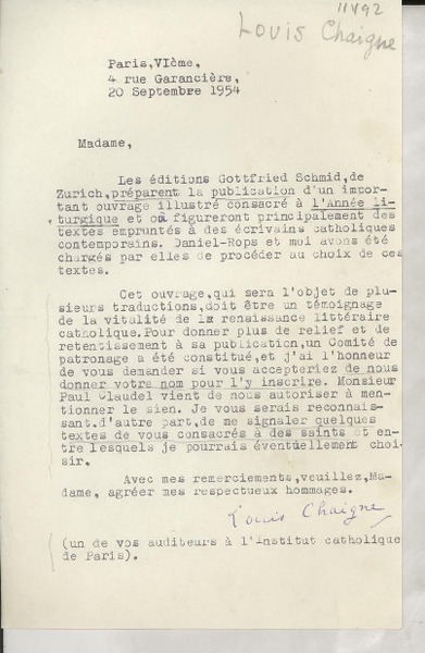 [Carta] 1954 sept. 20, Paris, [France] [a] Madame [Gabriela Mistral]