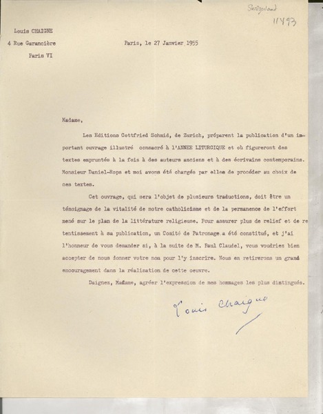 [Carta] 1955 janv. 27, Paris, [France] [a] Madame [Gabriela Mistral]