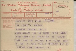[Telegrama] 1945 Nov. 17, London, [England] [a] Gabriela Mistral, Rio, [Brasil]