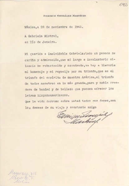 [Carta] 1945 nov. 28, México [a] Gabriela Mistral, Río de Janeiro