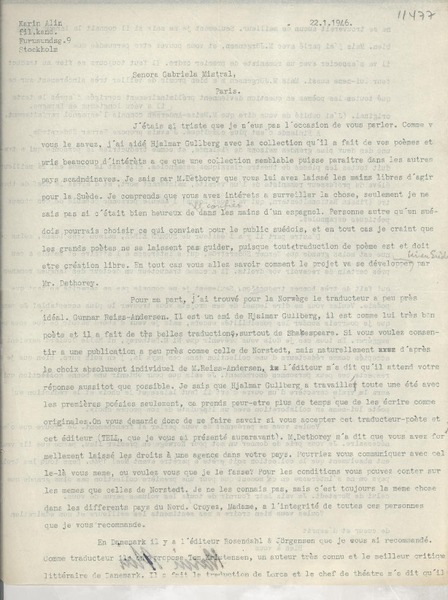 [Carta] 1946 janv. 22, Stockholm, [Suecia] [a] Senora Gabriela Mistral, Paris