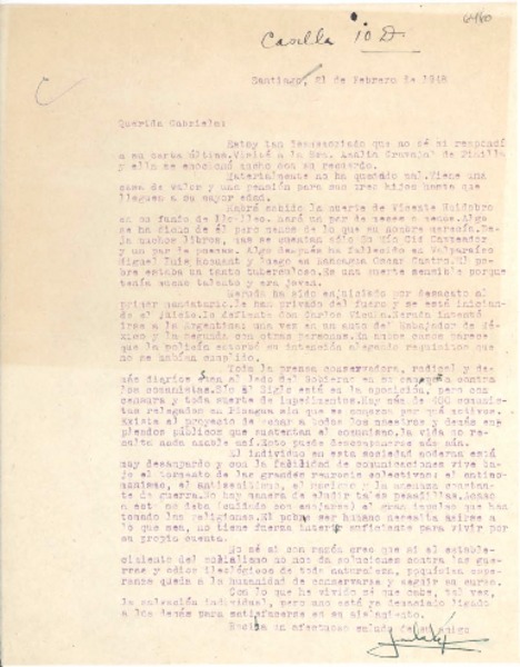 [Carta] 1948 feb. 21, Santiago, [Chile] [a] Gabriela [Mistral]
