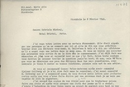 [Carta] 1946 févr. 8, Stockholm, [Suecia] [a] Senora Gabriela Mistral, Hotel Bristol, Paris