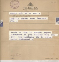 Telegram 1945 Dec. 12, London, [England] [a] Gabriela Mistral, Nobel Institute, [Stockholm], [Sweden]
