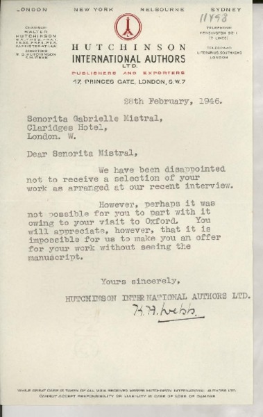[Carta] 1946 Feb. 28, London, [England] [a la] Señorita Gabrielle [i.e. Gabriela] Mistral, Claridges Hotel, London, [England]