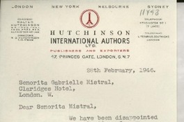 [Carta] 1946 Feb. 28, London, [England] [a la] Señorita Gabrielle [i.e. Gabriela] Mistral, Claridges Hotel, London, [England]