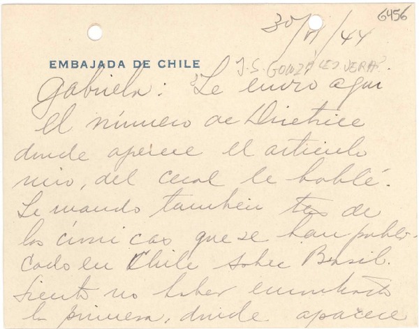 [Carta] 1944 [a] Gabriela Mistral