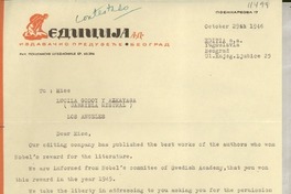 [Carta] 1946 Oct. 29, Beograd, Yugoslavia [a] Miss Gabriela Mistral, Los Angeles, [EE.UU.]