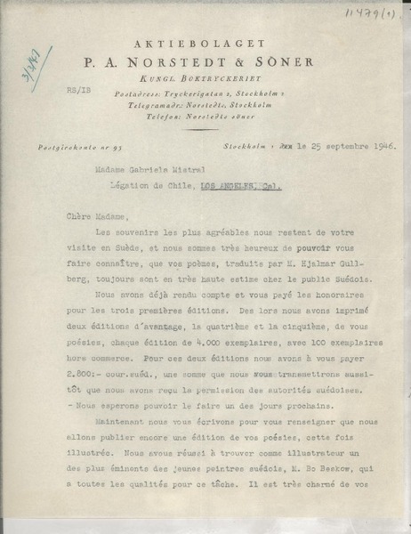 [Carta] 1946 sept. 25, Stockholm, [Suecia] [a] Madame Gabriela Mistral, Legation de Chile, Los Angeles, Cal.