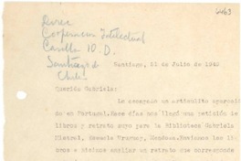 [Carta] 1949 jul. 21, Santiago, [Chile] [a] Gabriela [Mistral]