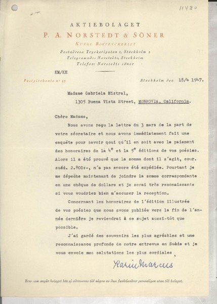 [Carta] 1947 avril 18, Stockholm, [Suecia] [a] Madame Gabriela Mistral, Monrovia, California