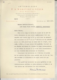 [Carta] 1947 avril 18, Stockholm, [Suecia] [a] Madame Gabriela Mistral, Monrovia, California