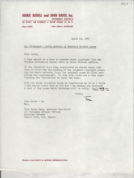 [Carta] 1961 Apr. 18, New York, [EE.UU.] [a] Doris Dana, American Embassy, Mexico City, D.F. Mexico