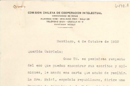 [Carta] 1950 oct. 4, Santiago, [Chile] [a] Gabriela [Mistral]