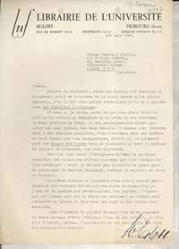 [Carta] 1946 mar. 1, Fribourg, [Suiza] [a] Madame Gabriela Mistral, co Chilian Ambassy, London, Angleterre