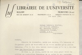 [Carta] 1946 mar. 1, Fribourg, [Suiza] [a] Madame Gabriela Mistral, co Chilian Ambassy, London, Angleterre