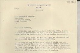 [Carta] 1946 Mar. 3, London, [Inglaterra] [a] Miss Gabriela Mistral, Room 536, Claridge's Hotel, Brook Street, W. L.