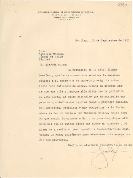 [Carta] 1951 sept. 13, Santiago, [Chile] [a] Gabriela Mistral, Nápoles, [Italia]