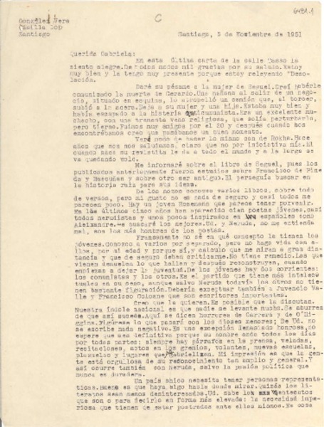 [Carta] 1951 nov. 5, Santiago, [Chile] [a] Gabriela [Mistral]