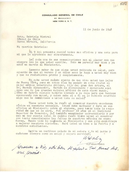 [Carta] 1948 jun. 11, New York [a] Gabriela Mistral, Santa Bárbara, California