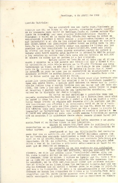 [Carta] 1952 abr. 6, Santiago, [Chile] [a] Gabriela [Mistral]