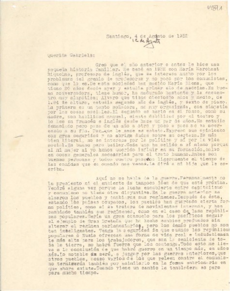 [Carta] 1952 ago. 12, Santiago, [Chile] [a] Gabriela [Mistral]