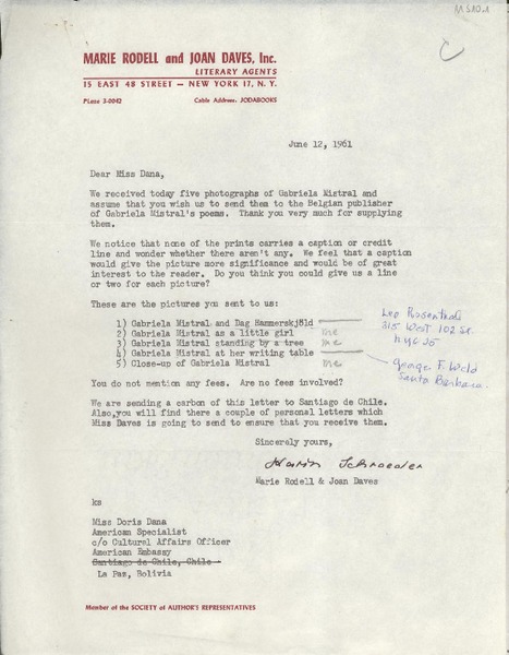 [Carta] 1961 June 12, New York, [EE.UU.] [a] Miss [Doris] Dana, American Embassy, La Paz, Bolivia
