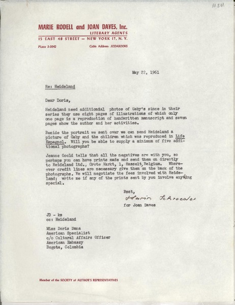 [Carta] 1961 May 22, New York, [EE.UU.] [a la] Dear Doris [Dana], American Embassy, Bogota, Colombia