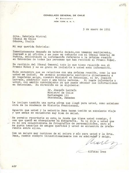 [Carta] 1951 ene. 3, New York [a] Gabriela Mistral, Génova, Italia
