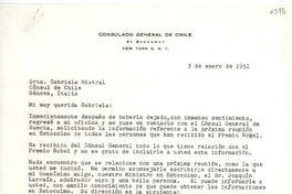 [Carta] 1951 ene. 3, New York [a] Gabriela Mistral, Génova, Italia