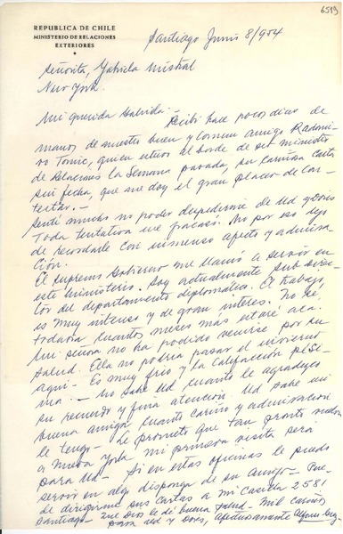 [Carta] 1954 jun. 8, Santiago [a] Gabriela Mistral, New York