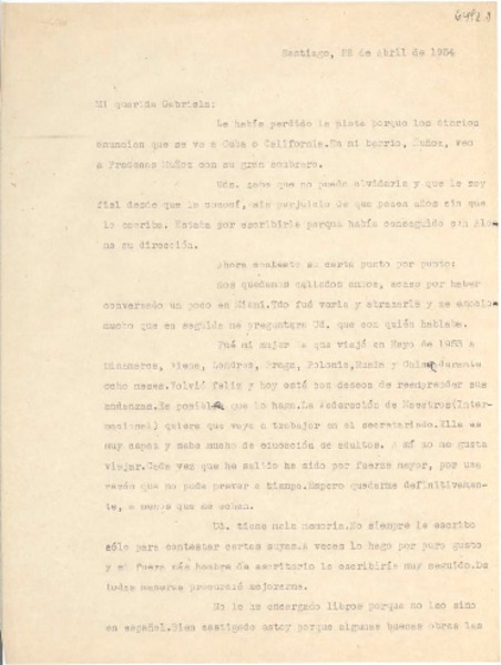 [Carta] 1954 abr. 22, Santiago, [Chile] [a] Gabriela [Mistral]