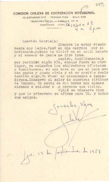 [Carta] 1954 sept. 14, Santiago, [Chile] [a] Gabriela [Mistral]