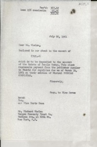 [Carta] 1961 July 26, [EE.UU.] [a] Mr. Richard Whelan, Morgan Guaranty Trust Co., New York, [EE.UU.]