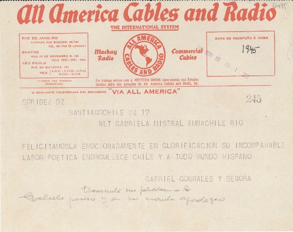 [Telegrama] 1945 nov. 18, Santiago, Chile [a] Gabriela Mistral, Rio de Janeiro, [Brasil]